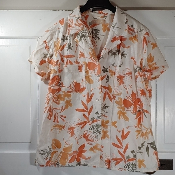Kate Hill Floral Print Silk Top Short Sleeve Orange White Button Up Size Large - Picture 1 of 8